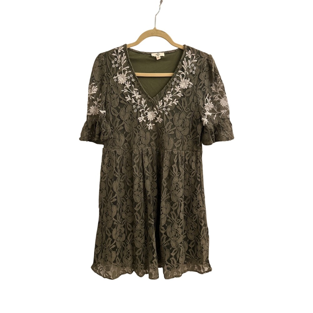 Entro Boho Olive Lace Embroidered Dress Cottage Goblin Forest Fairy Earthy S‎